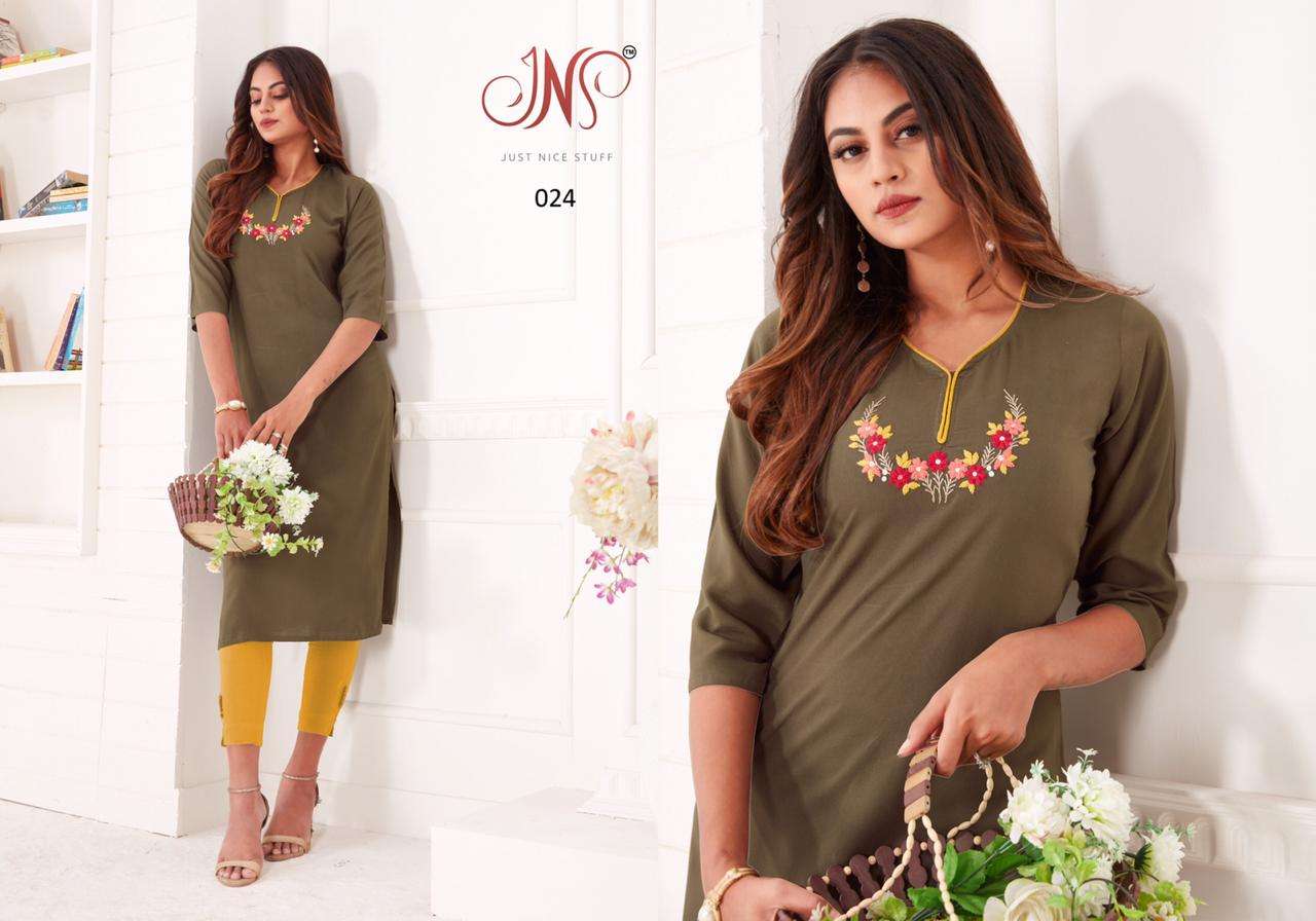HURMA BY JNS 021 TO 024 SERIES BEAUTIFUL STYLISH COLORFUL FANCY PARTY WEAR & ETHNIC WEAR & READY TO WEAR RAYON EMBROIDERED KURTIS AT WHOLESALE PRICE