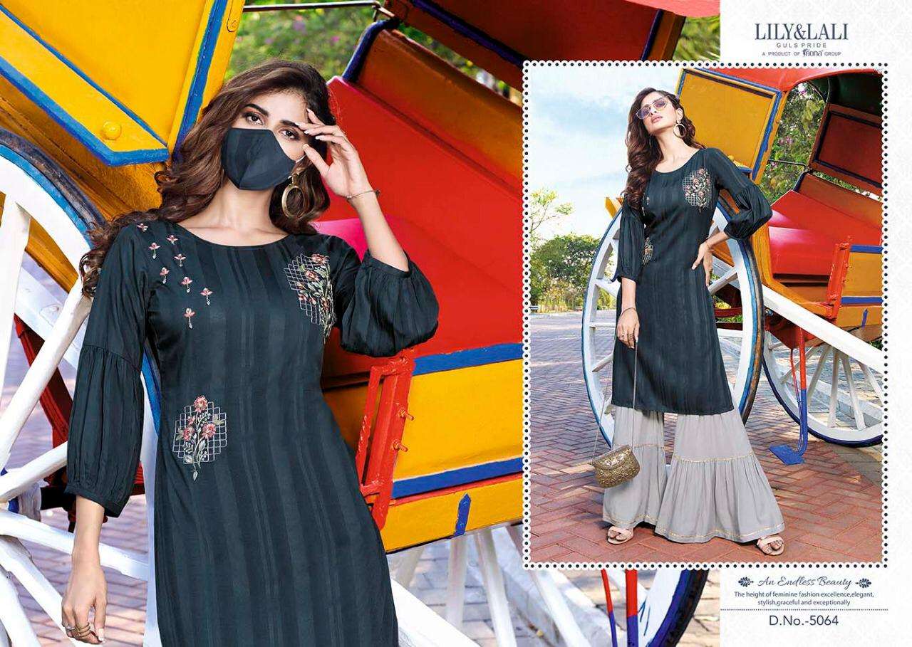 LILY AND LALY BY MYSTERY 5061 TO 5064 SERIES STYLISH FANCY BEAUTIFUL COLORFUL CASUAL WEAR & ETHNIC WEAR RAYON WITH WORK KURTIS AT WHOLESALE PRICE