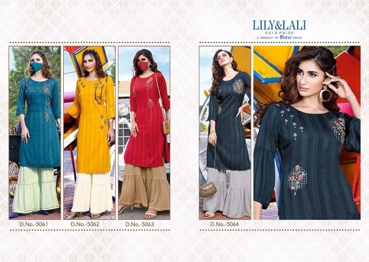 LILY AND LALY BY MYSTERY 5061 TO 5064 SERIES STYLISH FANCY BEAUTIFUL COLORFUL CASUAL WEAR & ETHNIC WEAR RAYON WITH WORK KURTIS AT WHOLESALE PRICE