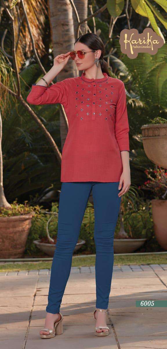 MUSTARD BY KARIKA 6001 TO 6006 SERIES BEAUTIFUL STYLISH COLORFUL FANCY PARTY WEAR & ETHNIC WEAR & READY TO WEAR COTTON SLUB EMBROIDERY TOPS AT WHOLESALE PRICE
