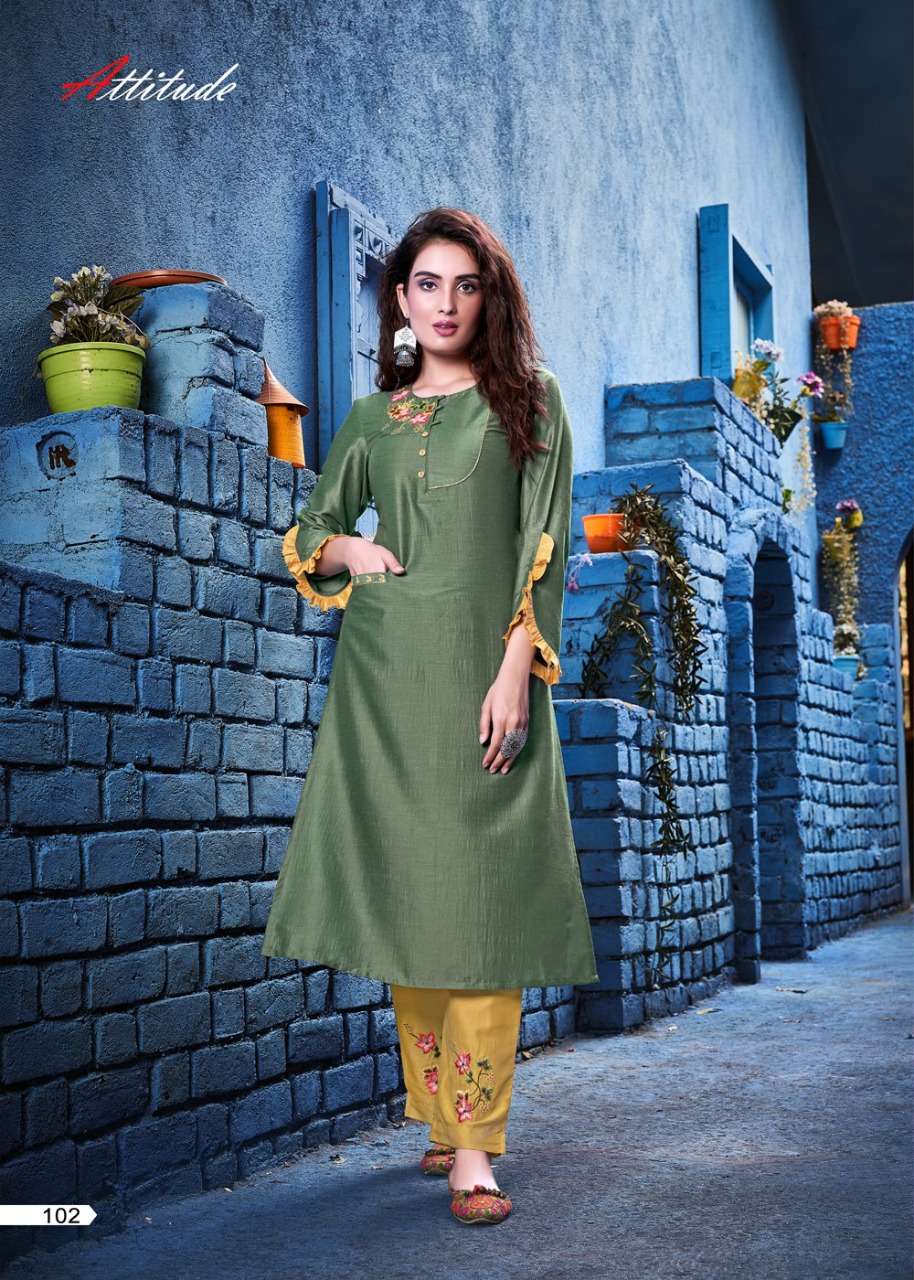 SHOW ME BY ATTITUDE 101 TO 106 SERIES BEAUTIFUL STYLISH COLORFUL FANCY PARTY WEAR & ETHNIC WEAR & READY TO WEAR CHINON SOFT SILK KURTIS AT WHOLESALE PRICE