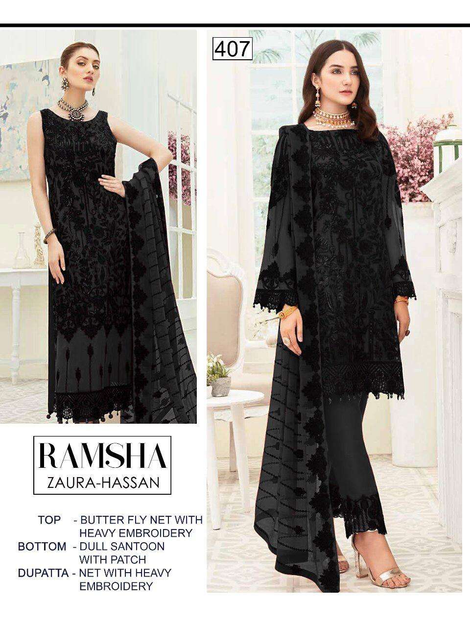 RAMSHA BY ZAURA HASAN 405 TO 408 SERIES BEAUTIFUL SUITS STYLISH FANCY COLORFUL PARTY WEAR & OCCASIONAL WEAR BUTTERFLY NET WITH HEAVY EMBROIDERY DRESSES AT WHOLESALE PRICE