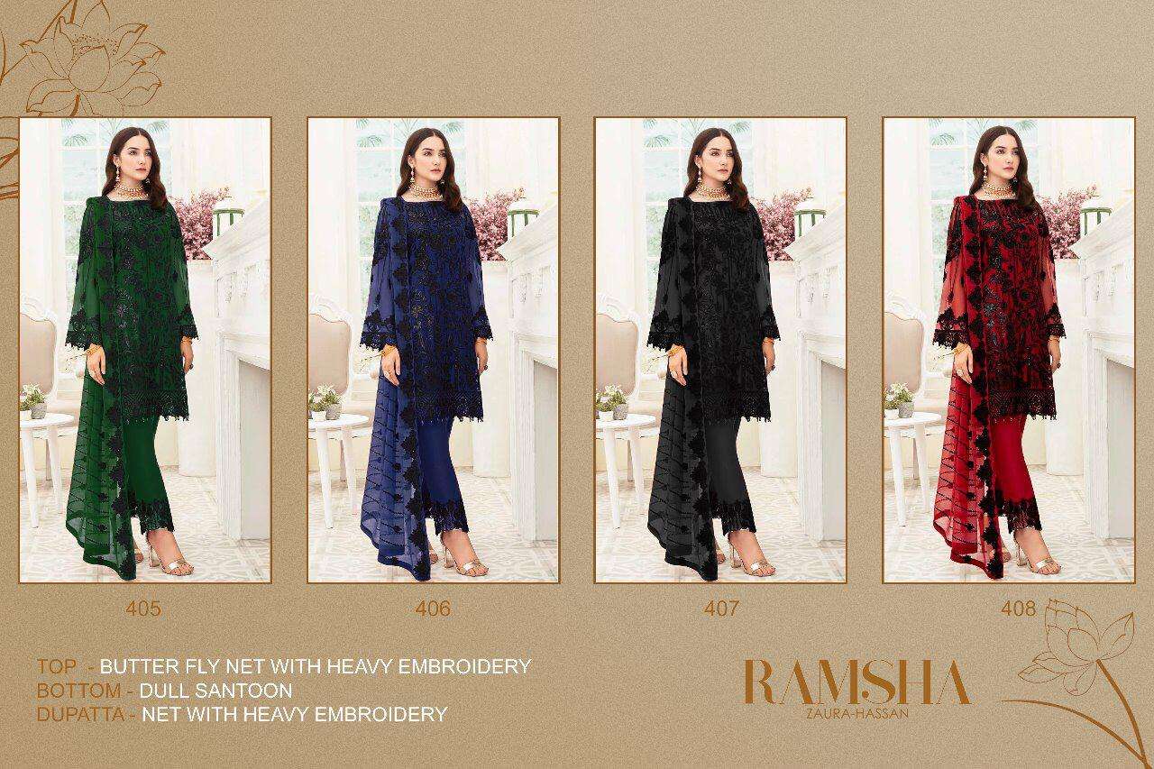 RAMSHA BY ZAURA HASAN 405 TO 408 SERIES BEAUTIFUL SUITS STYLISH FANCY COLORFUL PARTY WEAR & OCCASIONAL WEAR BUTTERFLY NET WITH HEAVY EMBROIDERY DRESSES AT WHOLESALE PRICE