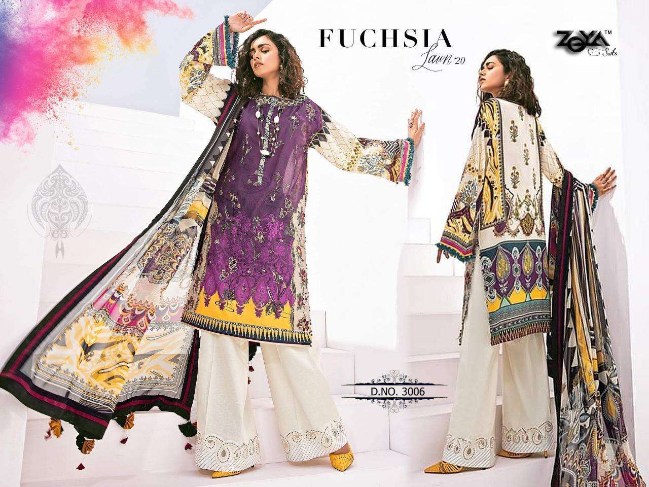 FUCHASIA LAWN VOL-20 BY ZOYA SUITS 3001 TO 3006 SERIES BEAUTIFUL SUITS STYLISH FANCY COLORFUL PARTY WEAR & OCCASIONAL WEAR COTTON PRINTED WITH HEAVY EMBROIDERY DRESSES AT WHOLESALE PRICE