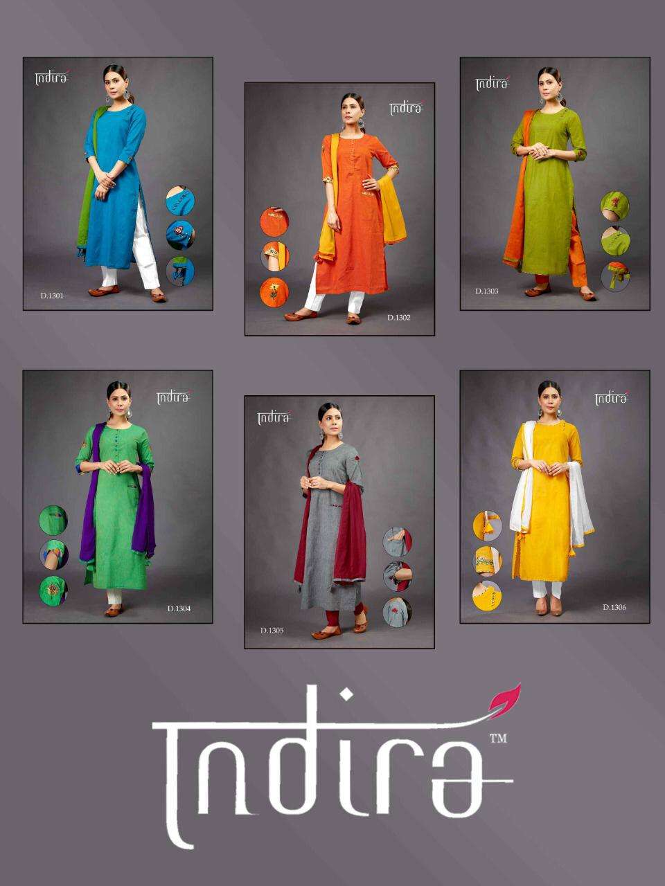 SADA BAHAR BY INDIRA 1301 TO 1306 SERIES BEAUTIFUL COLORFUL STYLISH FANCY CASUAL WEAR & ETHNIC WEAR & READY TO WEAR PURE SUMMER COTTON KURTIS WITH DUPATTA AT WHOLESALE PRICE