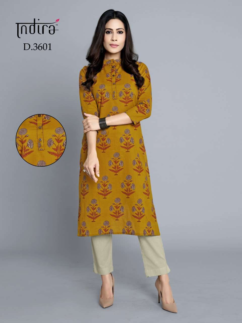 ROZANA VOL-3 BY INDIRA 3601 TO 3608 SERIES BEAUTIFUL COLORFUL STYLISH FANCY CASUAL WEAR & ETHNIC WEAR & READY TO WEAR JAIPURI BLOCK PRINTED CAMBRIC COTTON PRINTED KURTIS AT WHOLESALE PRICE