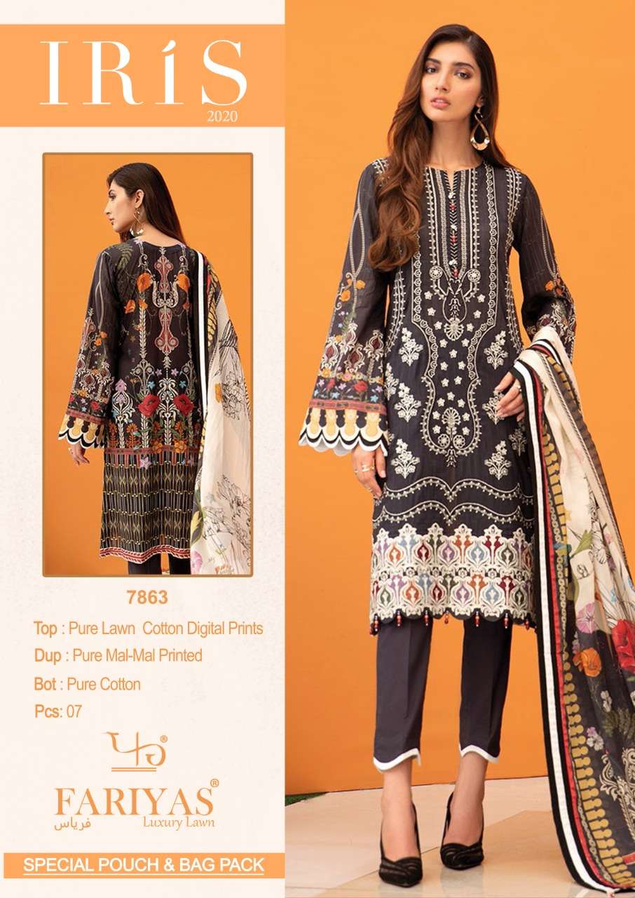 IRIS 2020 BY FARIYAS 7860 TO 7866 SERIES BEAUTIFUL SUITS STYLISH FANCY COLORFUL PARTY WEAR & OCCASIONAL WEAR PURE LAWN COTTON DIGITAL PRINTED DRESSES AT WHOLESALE PRICE