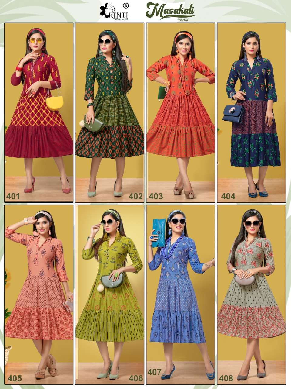 MASAKALI VOL-4 BY KINTI 401 TO 408 SERIES BEAUTIFUL COLORFUL STYLISH FANCY CASUAL WEAR & ETHNIC WEAR & READY TO WEAR RAYON PRINTED KURTIS AT WHOLESALE PRICE