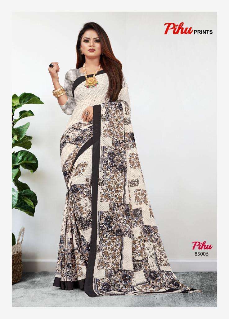 PIHU BY PIHU PRINTS 85001 TO 85015 SERIES INDIAN TRADITIONAL WEAR COLLECTION BEAUTIFUL STYLISH FANCY COLORFUL PARTY WEAR & OCCASIONAL WEAR PURE GEORGETTE PRINTED SAREES AT WHOLESALE PRICE