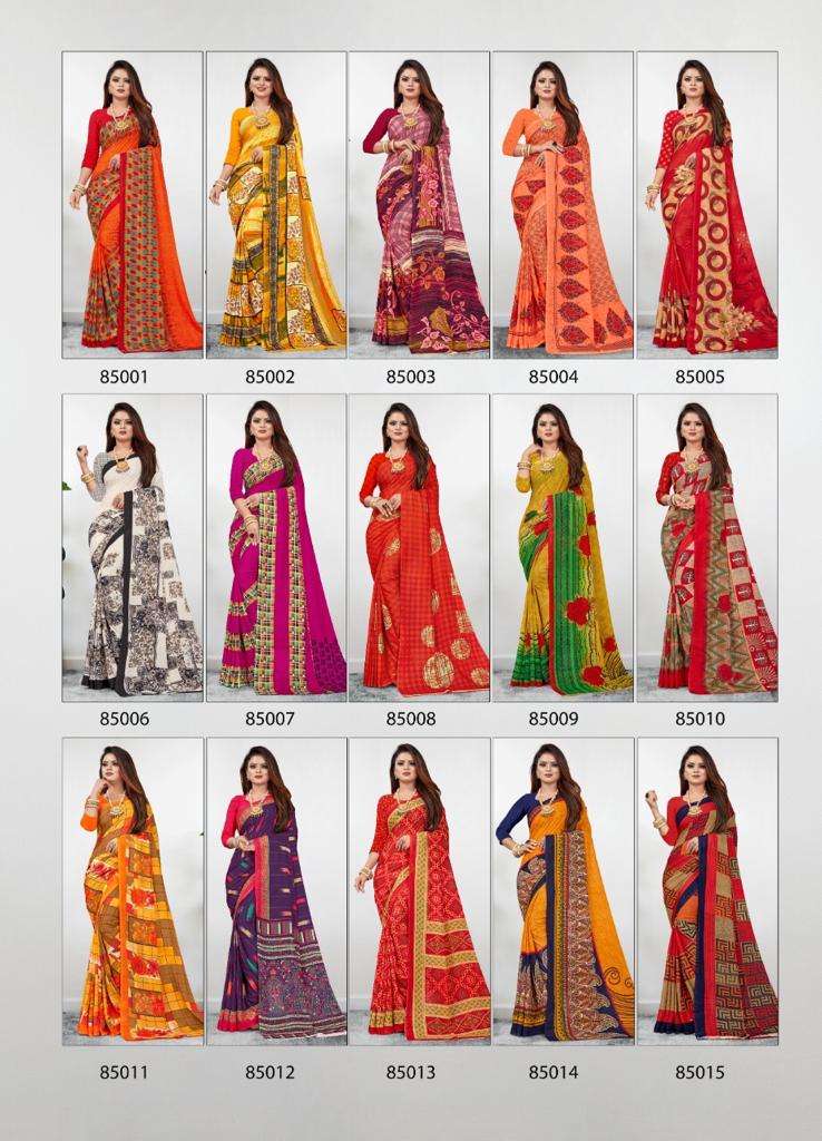 PIHU BY PIHU PRINTS 85001 TO 85015 SERIES INDIAN TRADITIONAL WEAR COLLECTION BEAUTIFUL STYLISH FANCY COLORFUL PARTY WEAR & OCCASIONAL WEAR PURE GEORGETTE PRINTED SAREES AT WHOLESALE PRICE