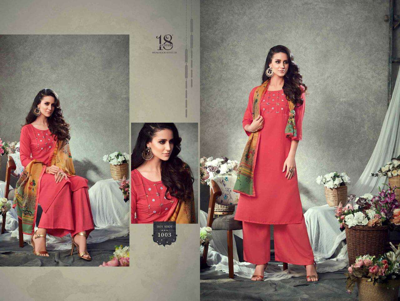 HOT SHOT VOL-1 BY 18 ATTITUDE 1001 TO 1009 SERIES BEAUTIFUL STYLISH FANCY COLORFUL CASUAL WEAR & ETHNIC WEAR FANCY EMBROIDERED DRESSES AT WHOLESALE PRICE