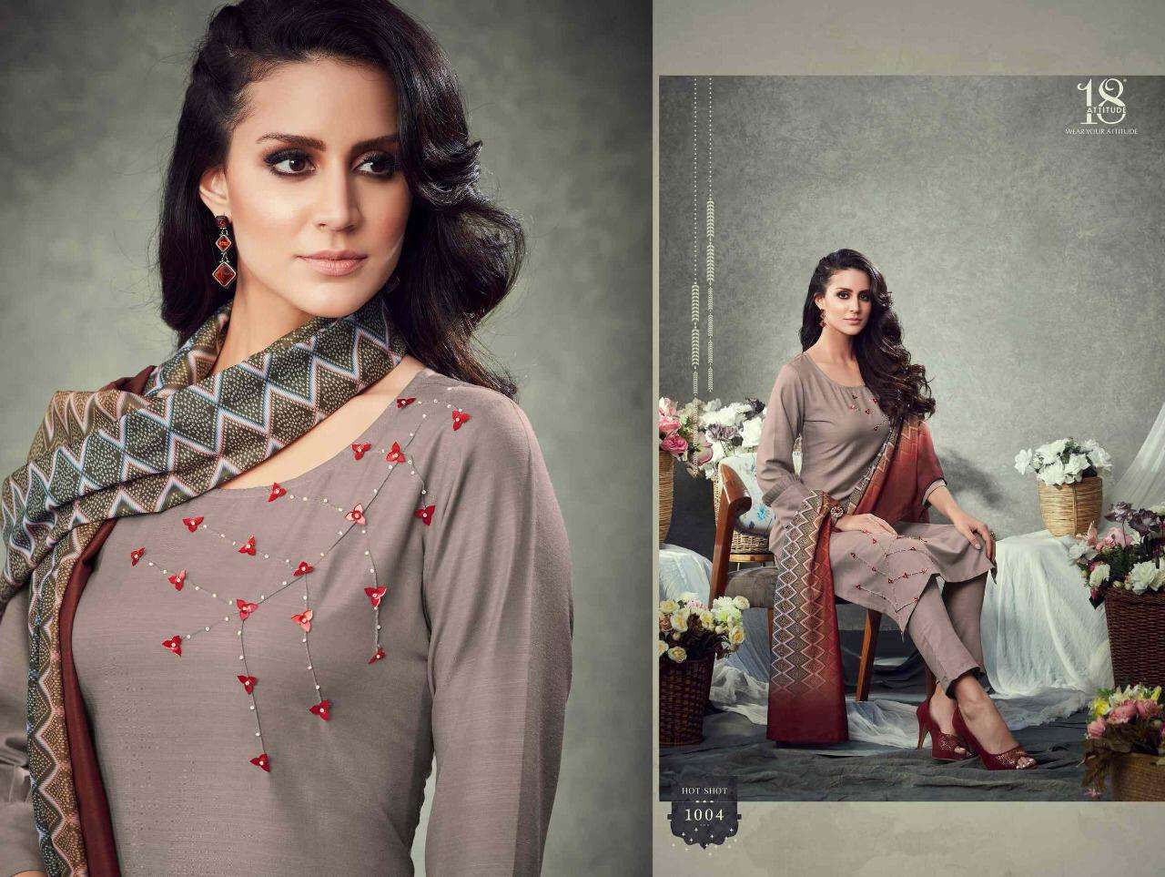 HOT SHOT VOL-1 BY 18 ATTITUDE 1001 TO 1009 SERIES BEAUTIFUL STYLISH FANCY COLORFUL CASUAL WEAR & ETHNIC WEAR FANCY EMBROIDERED DRESSES AT WHOLESALE PRICE