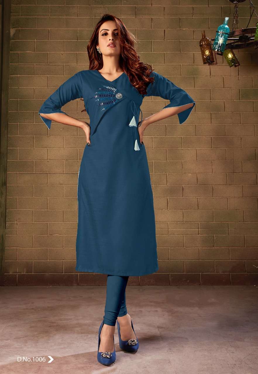 AMAYA BY SELESTA 1001 TO 1006 SERIES BEAUTIFUL COLORFUL STYLISH FANCY CASUAL WEAR & ETHNIC WEAR & READY TO WEAR OM SLUB WITH HAND WORK KURTIS AT WHOLESALE PRICE