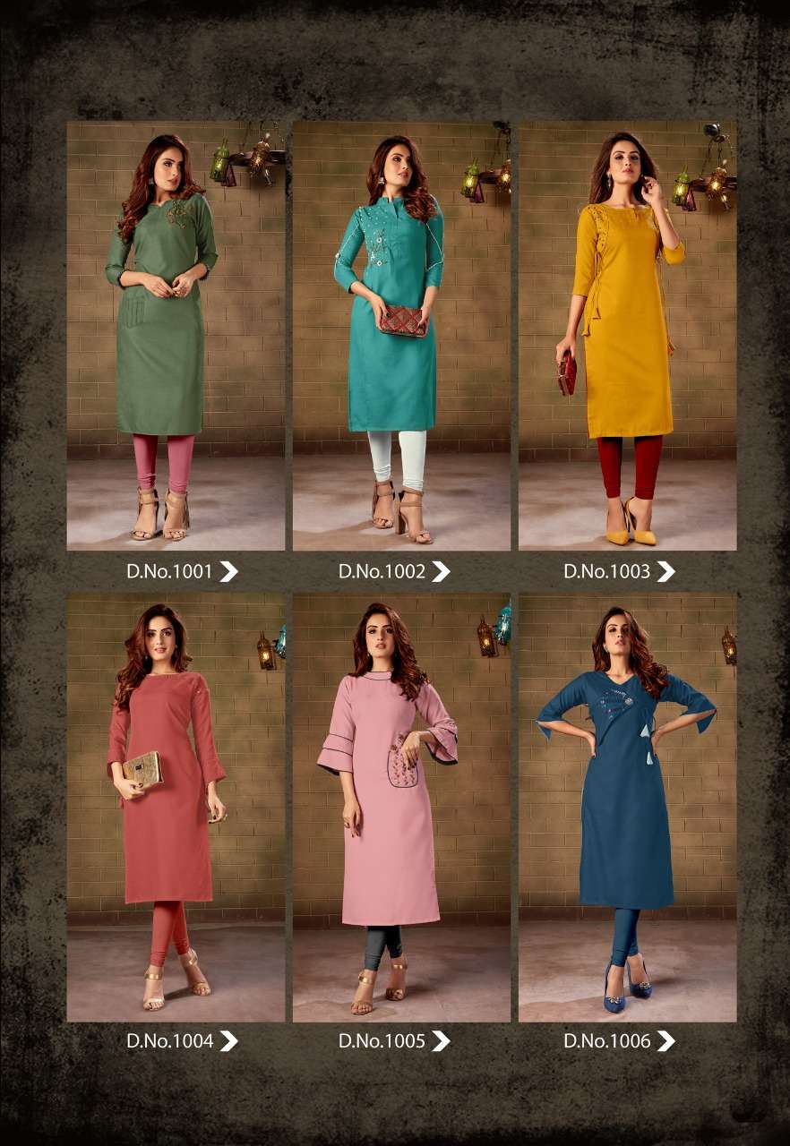 AMAYA BY SELESTA 1001 TO 1006 SERIES BEAUTIFUL COLORFUL STYLISH FANCY CASUAL WEAR & ETHNIC WEAR & READY TO WEAR OM SLUB WITH HAND WORK KURTIS AT WHOLESALE PRICE