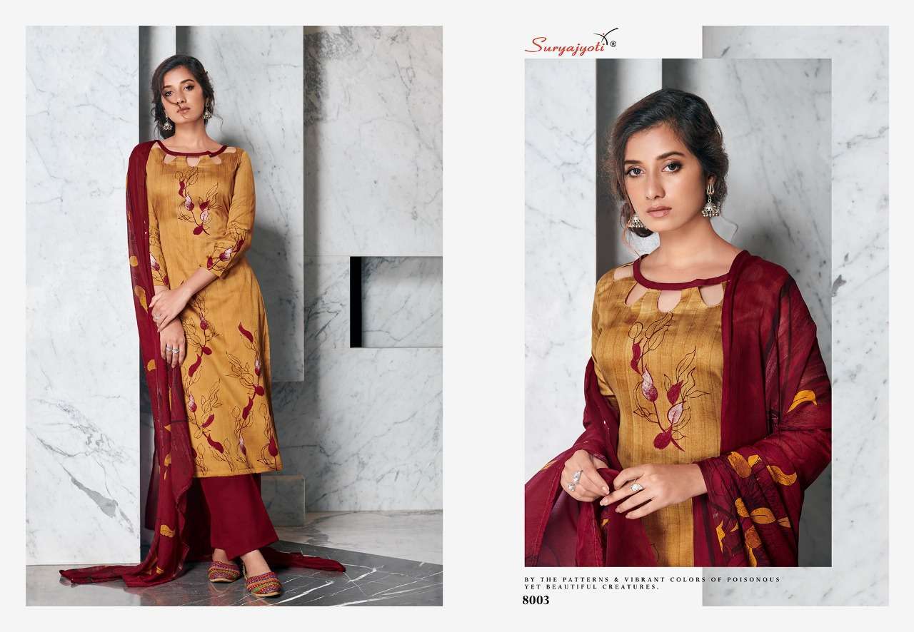 ZAIRA VOL-8 BY SURYAJYOTI 8001 TO 8010 SERIES BEAUTIFUL SUITS STYLISH FANCY COLORFUL PARTY WEAR & OCCASIONAL WEAR JAM SATIN PRINTED DRESSES AT WHOLESALE PRICE