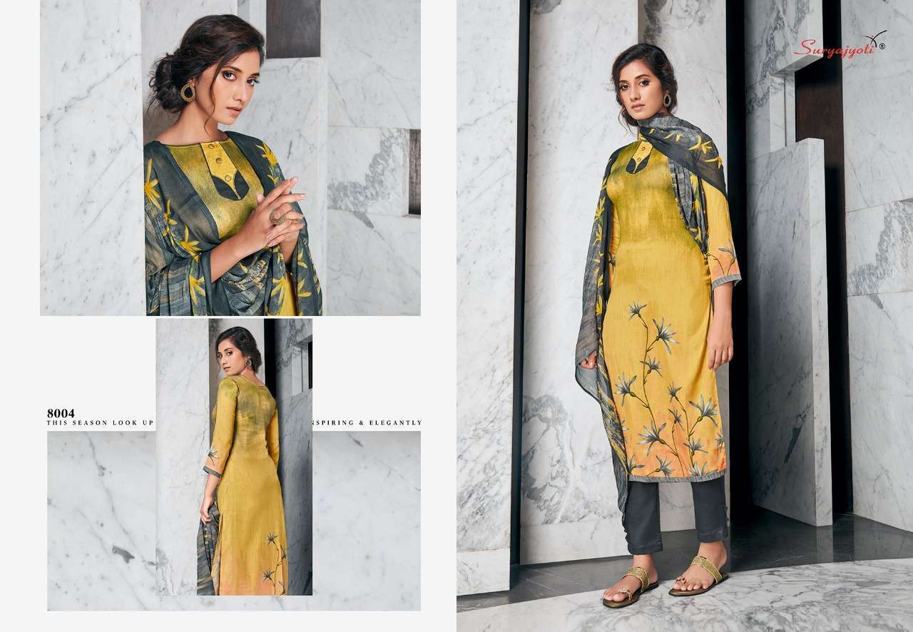 ZAIRA VOL-8 BY SURYAJYOTI 8001 TO 8010 SERIES BEAUTIFUL SUITS STYLISH FANCY COLORFUL PARTY WEAR & OCCASIONAL WEAR JAM SATIN PRINTED DRESSES AT WHOLESALE PRICE