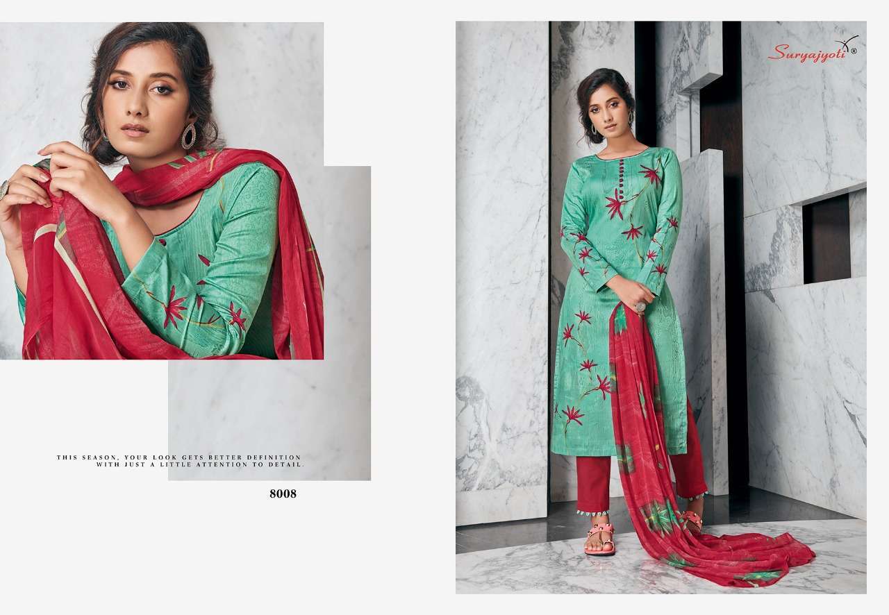 ZAIRA VOL-8 BY SURYAJYOTI 8001 TO 8010 SERIES BEAUTIFUL SUITS STYLISH FANCY COLORFUL PARTY WEAR & OCCASIONAL WEAR JAM SATIN PRINTED DRESSES AT WHOLESALE PRICE