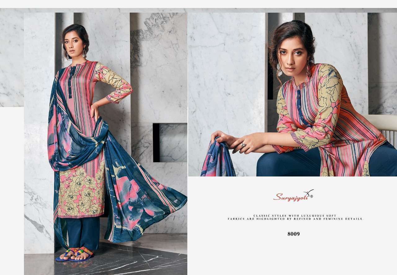 ZAIRA VOL-8 BY SURYAJYOTI 8001 TO 8010 SERIES BEAUTIFUL SUITS STYLISH FANCY COLORFUL PARTY WEAR & OCCASIONAL WEAR JAM SATIN PRINTED DRESSES AT WHOLESALE PRICE