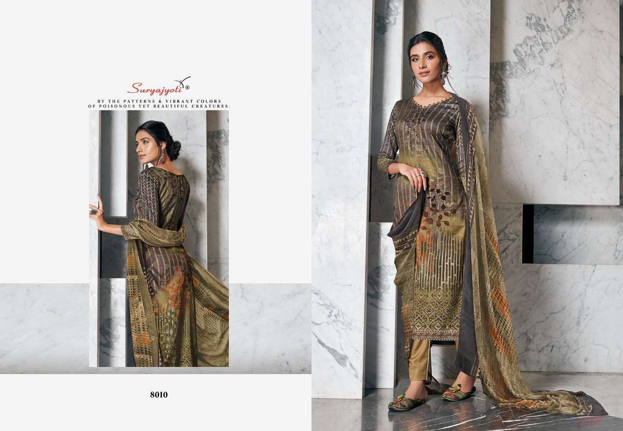 ZAIRA VOL-8 BY SURYAJYOTI 8001 TO 8010 SERIES BEAUTIFUL SUITS STYLISH FANCY COLORFUL PARTY WEAR & OCCASIONAL WEAR JAM SATIN PRINTED DRESSES AT WHOLESALE PRICE