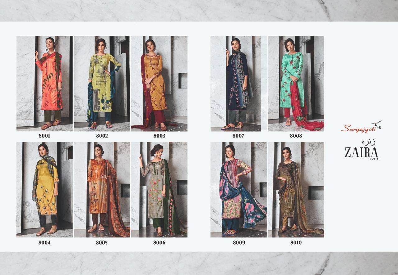 ZAIRA VOL-8 BY SURYAJYOTI 8001 TO 8010 SERIES BEAUTIFUL SUITS STYLISH FANCY COLORFUL PARTY WEAR & OCCASIONAL WEAR JAM SATIN PRINTED DRESSES AT WHOLESALE PRICE