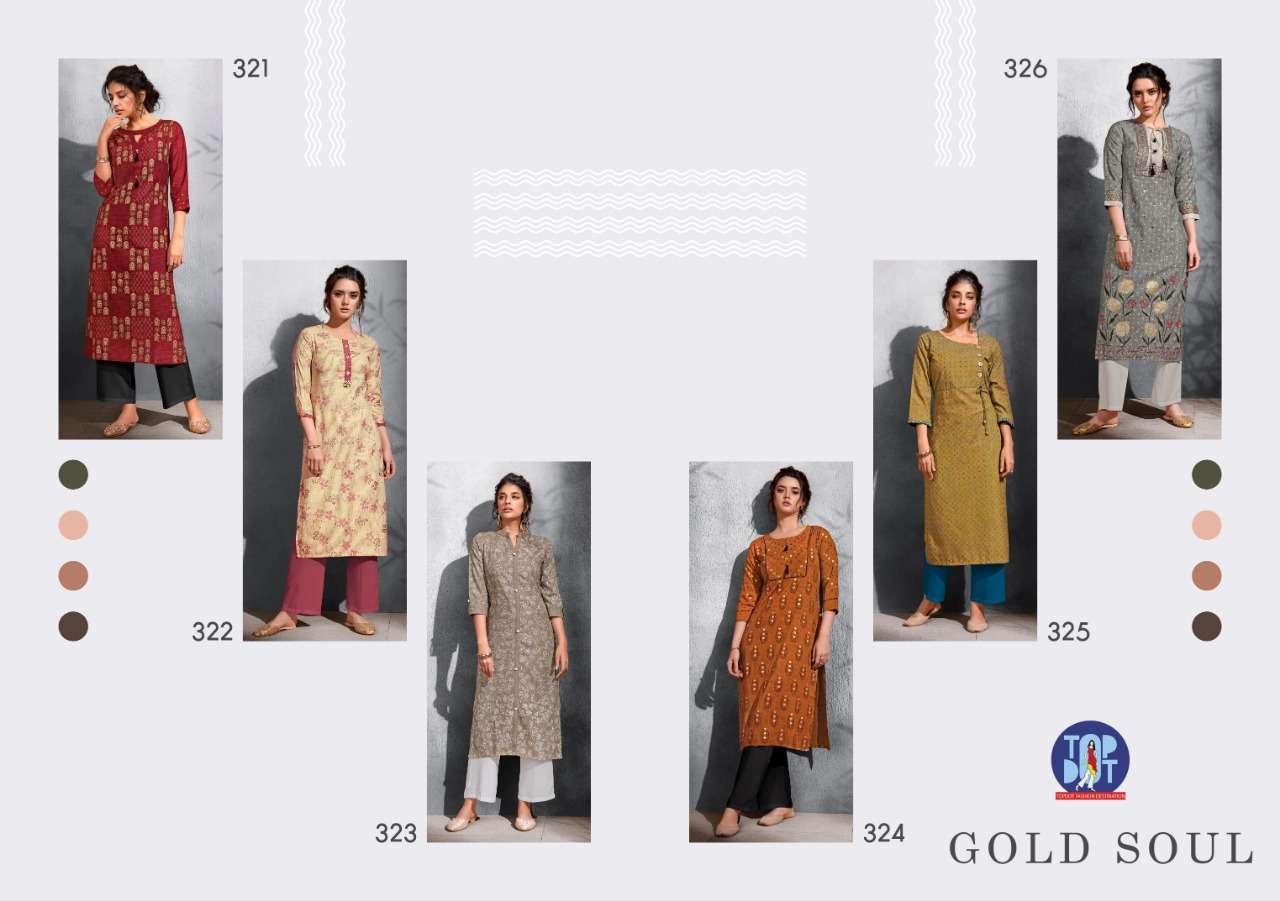 GOLD SOUL BY TOP DOT 321 TO 326 SERIES BEAUTIFUL COLORFUL STYLISH FANCY CASUAL WEAR & ETHNIC WEAR & READY TO WEAR VISCOSE HANDLOOM KURTIS AT WHOLESALE PRICE