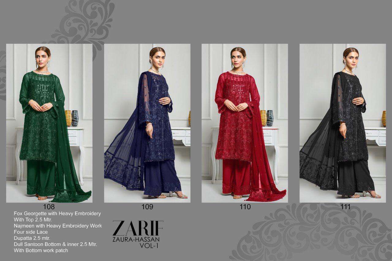 ZARIF BY ZAURA HASSAN 108 TO 111 SERIES BEAUTIFUL COLORFUL STYLISH PRETTY PARTY WEAR CASUAL WEAR OCCASIONAL WEAR GEORGETTE WITH EMBROIDERY DRESSES AT WHOLESALE PRICE