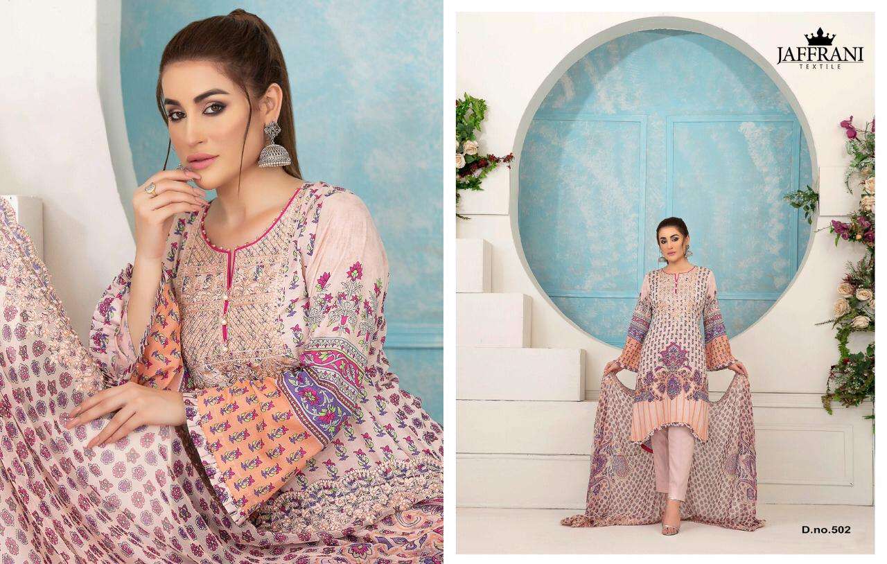 ASIF NABEEL LUXURY LAWN COLLECTION BY JAFFRANI 501 TO 510 SERIES BEAUTIFUL COLORFUL STYLISH FANCY CASUAL WEAR & ETHNIC WEAR & READY TO WEAR PURE LAWN PRINTED DRESSES AT WHOLESALE PRICE
