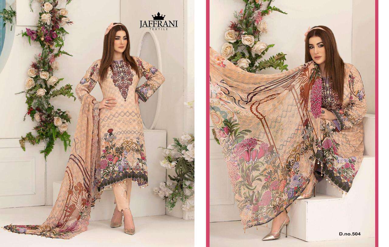 ASIF NABEEL LUXURY LAWN COLLECTION BY JAFFRANI 501 TO 510 SERIES BEAUTIFUL COLORFUL STYLISH FANCY CASUAL WEAR & ETHNIC WEAR & READY TO WEAR PURE LAWN PRINTED DRESSES AT WHOLESALE PRICE