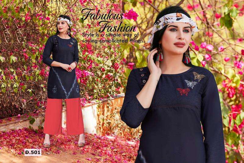 MANN BY HONEY 501 TO 510 SERIES BEAUTIFUL COLORFUL STYLISH FANCY CASUAL WEAR & ETHNIC WEAR & READY TO WEAR SILKY DENIM KURTIS AT WHOLESALE PRICE