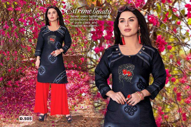 MANN BY HONEY 501 TO 510 SERIES BEAUTIFUL COLORFUL STYLISH FANCY CASUAL WEAR & ETHNIC WEAR & READY TO WEAR SILKY DENIM KURTIS AT WHOLESALE PRICE