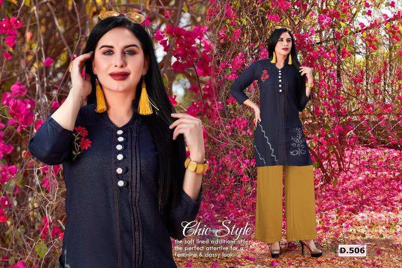 MANN BY HONEY 501 TO 510 SERIES BEAUTIFUL COLORFUL STYLISH FANCY CASUAL WEAR & ETHNIC WEAR & READY TO WEAR SILKY DENIM KURTIS AT WHOLESALE PRICE