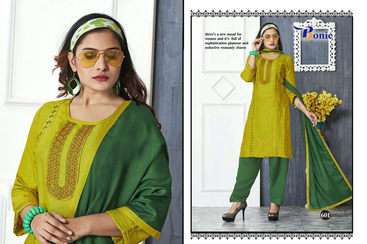 NAIRA BY BONIE 601 TO611 SERIES SUITS STYLISH BEAUTIFUL COLOURFUL PRINTED & EMBROIDERED PARTY WEAR & OCCASIONAL WEAR HEAVY RAYON 14 KG DRESSES AT WHOLESALE PRICE