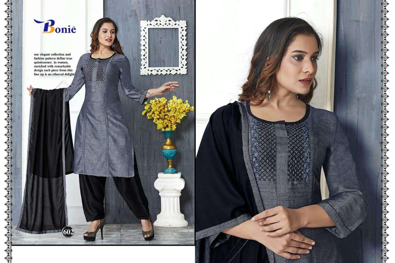 NAIRA BY BONIE 601 TO611 SERIES SUITS STYLISH BEAUTIFUL COLOURFUL PRINTED & EMBROIDERED PARTY WEAR & OCCASIONAL WEAR HEAVY RAYON 14 KG DRESSES AT WHOLESALE PRICE
