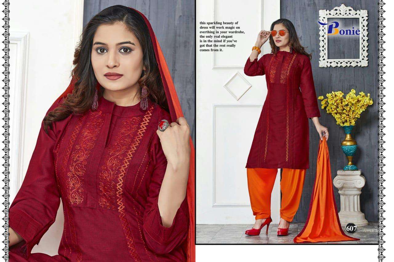 NAIRA BY BONIE 601 TO611 SERIES SUITS STYLISH BEAUTIFUL COLOURFUL PRINTED & EMBROIDERED PARTY WEAR & OCCASIONAL WEAR HEAVY RAYON 14 KG DRESSES AT WHOLESALE PRICE