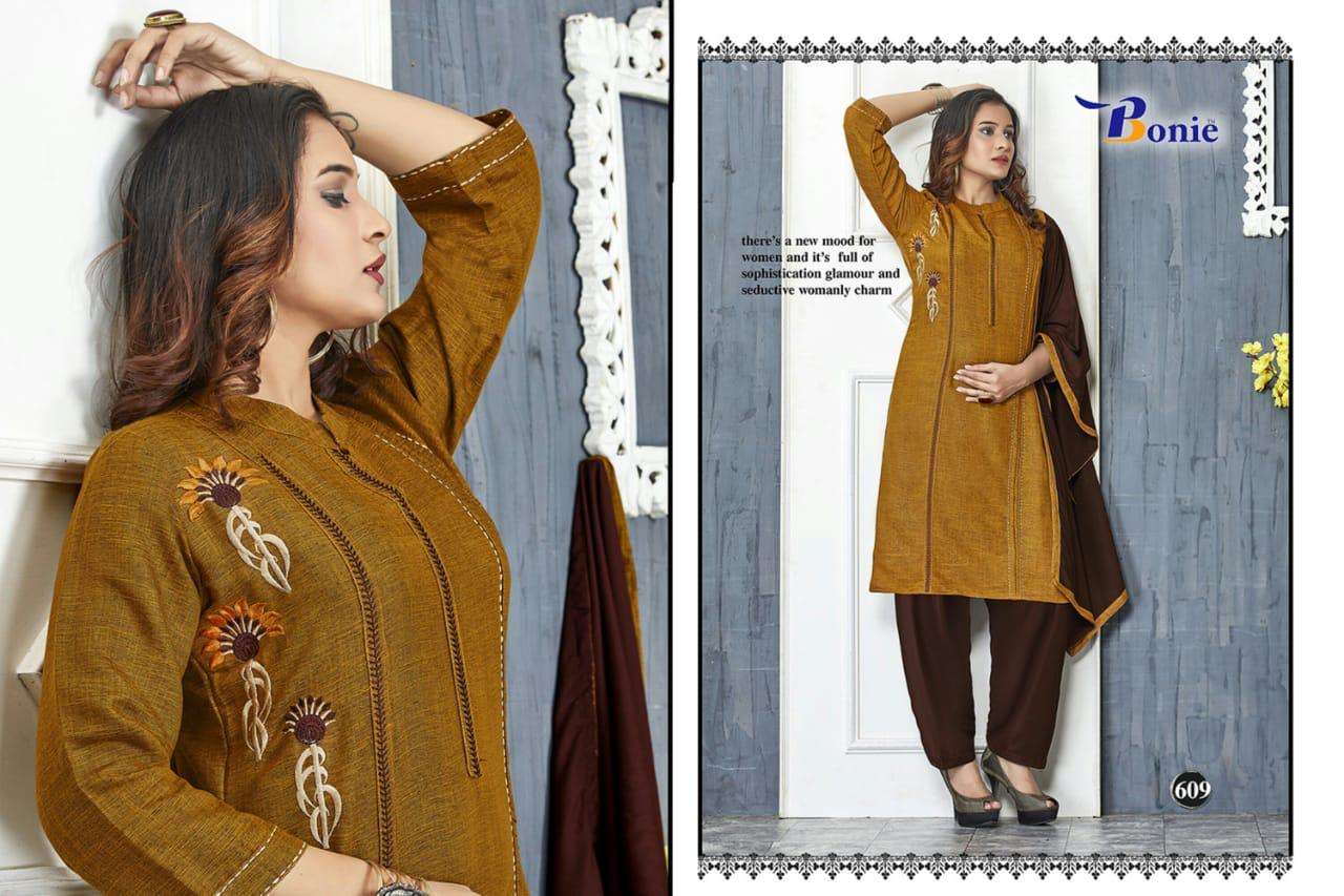 NAIRA BY BONIE 601 TO611 SERIES SUITS STYLISH BEAUTIFUL COLOURFUL PRINTED & EMBROIDERED PARTY WEAR & OCCASIONAL WEAR HEAVY RAYON 14 KG DRESSES AT WHOLESALE PRICE