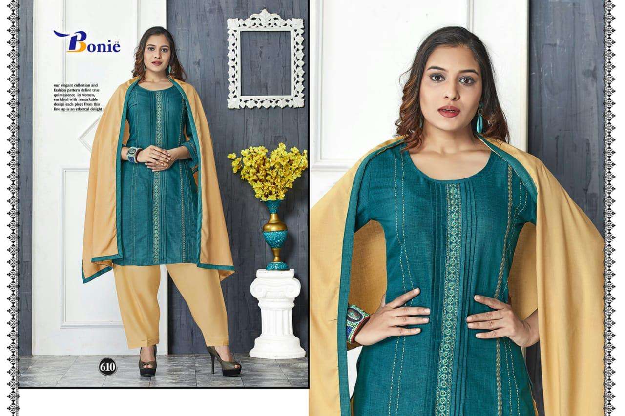 NAIRA BY BONIE 601 TO611 SERIES SUITS STYLISH BEAUTIFUL COLOURFUL PRINTED & EMBROIDERED PARTY WEAR & OCCASIONAL WEAR HEAVY RAYON 14 KG DRESSES AT WHOLESALE PRICE