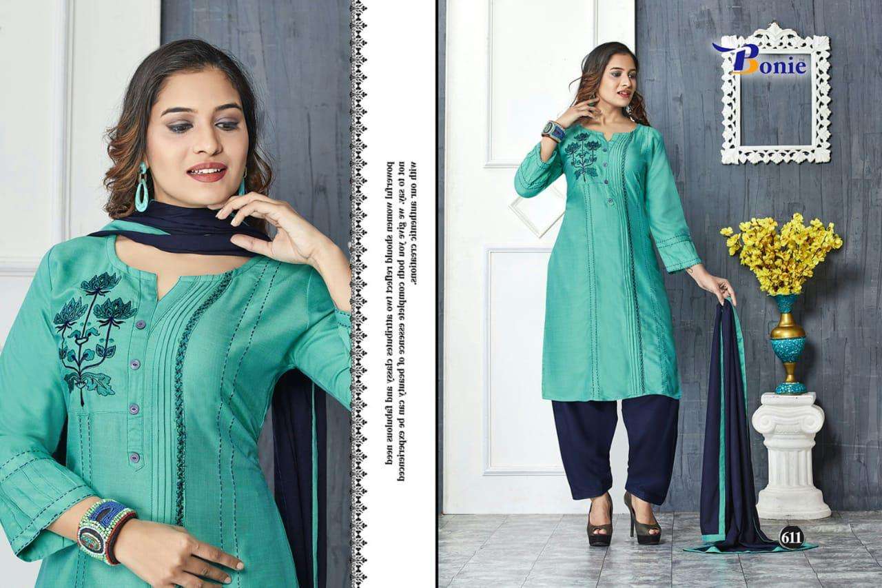 NAIRA BY BONIE 601 TO611 SERIES SUITS STYLISH BEAUTIFUL COLOURFUL PRINTED & EMBROIDERED PARTY WEAR & OCCASIONAL WEAR HEAVY RAYON 14 KG DRESSES AT WHOLESALE PRICE