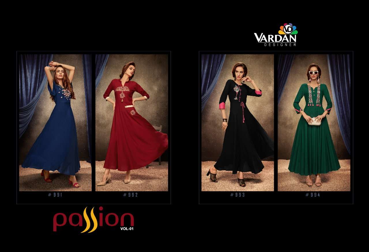 Passion Vol-1 By Vardan Designer 991 To 994 Series Stylish Beautiful Colorful Fancy Casual Wear & Ethnic Wear Heavy Rayon Gowns At Wholesale Price