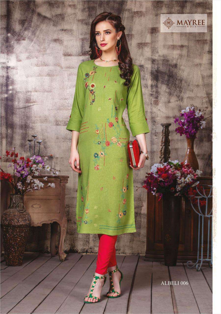 ALBELI BY MAYREE 001 TO 006 SERIES BEAUTIFUL COLORFUL STYLISH FANCY CASUAL WEAR & ETHNIC WEAR & READY TO WEAR REAYON PRINTEDKURTIS AT WHOLESALE PRICE