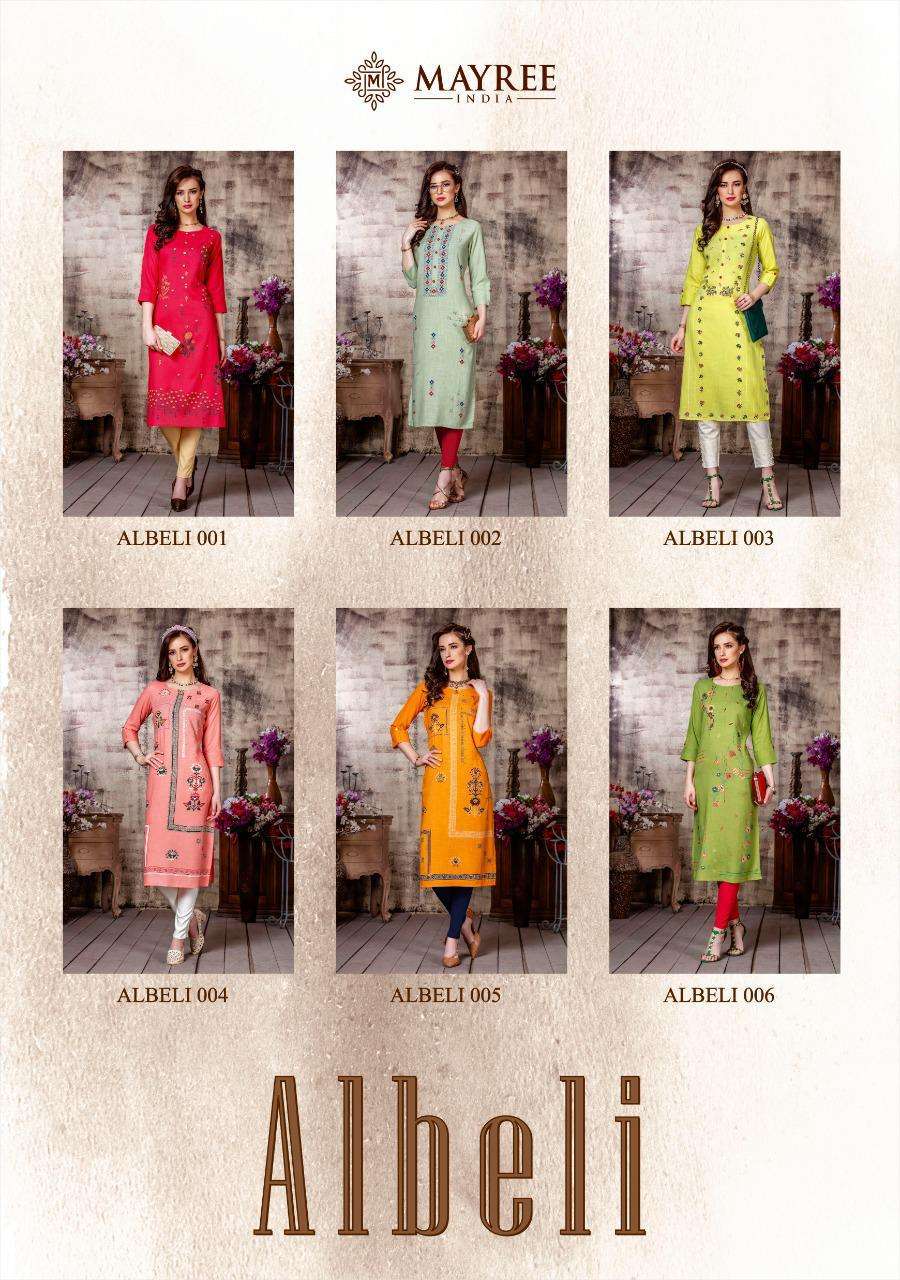 ALBELI BY MAYREE 001 TO 006 SERIES BEAUTIFUL COLORFUL STYLISH FANCY CASUAL WEAR & ETHNIC WEAR & READY TO WEAR REAYON PRINTEDKURTIS AT WHOLESALE PRICE
