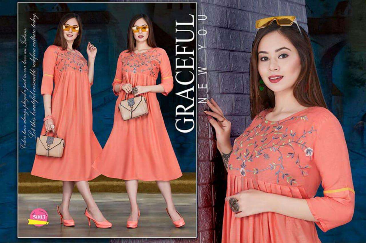 SPRING BY SHRIYA 5001 TO 5012 SERIES BEAUTIFUL COLORFUL STYLISH FANCY CASUAL WEAR & ETHNIC WEAR & READY TO WEAR RAYON WITH EMBROIDERY KURTIS AT WHOLESALE PRICE