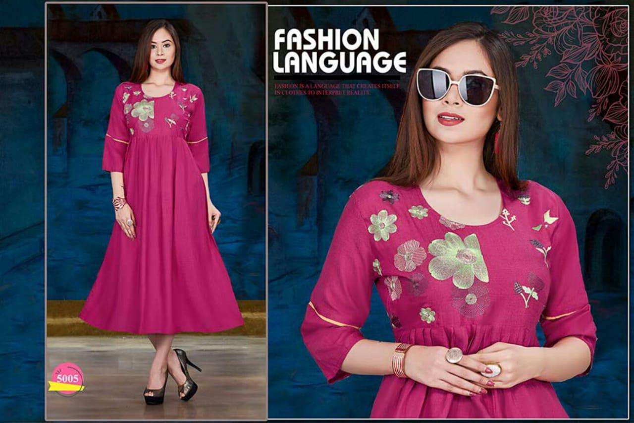 SPRING BY SHRIYA 5001 TO 5012 SERIES BEAUTIFUL COLORFUL STYLISH FANCY CASUAL WEAR & ETHNIC WEAR & READY TO WEAR RAYON WITH EMBROIDERY KURTIS AT WHOLESALE PRICE