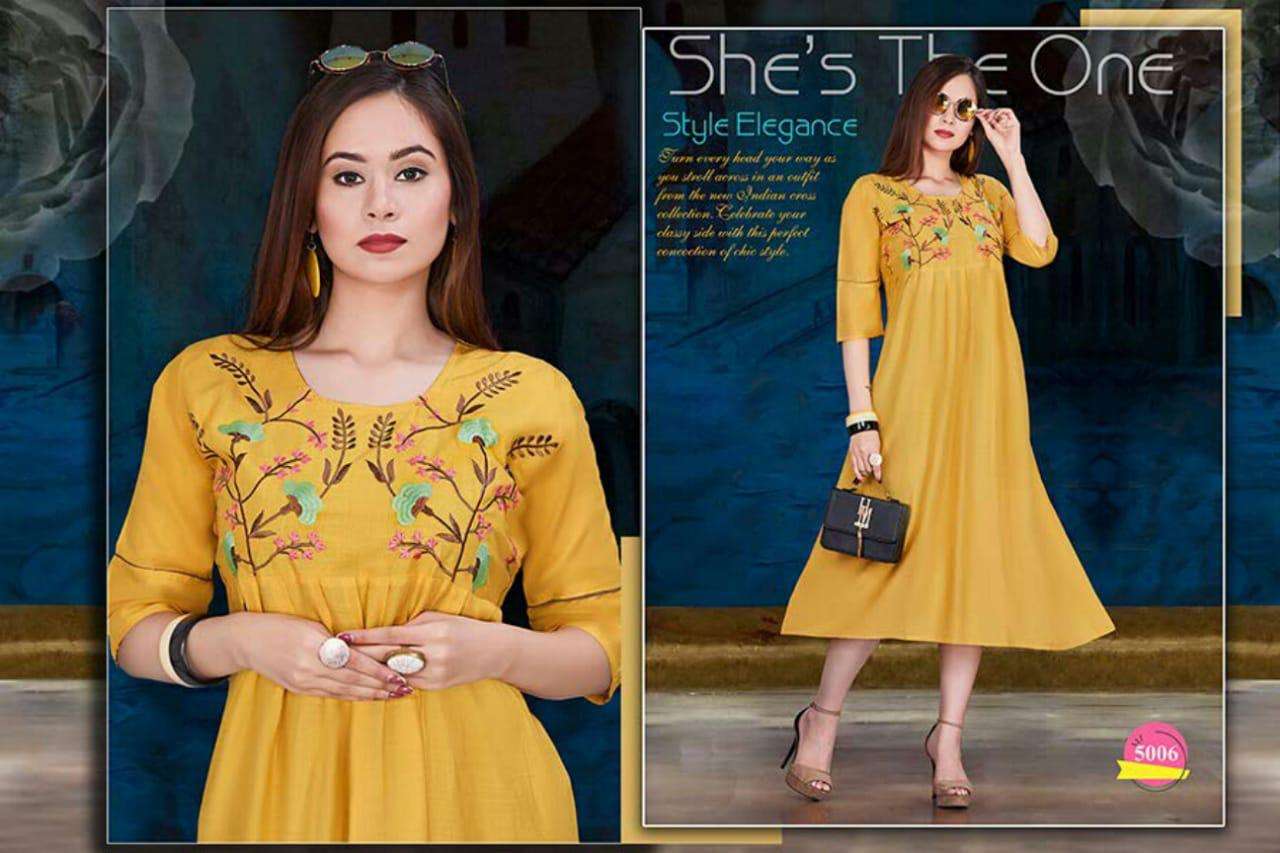 SPRING BY SHRIYA 5001 TO 5012 SERIES BEAUTIFUL COLORFUL STYLISH FANCY CASUAL WEAR & ETHNIC WEAR & READY TO WEAR RAYON WITH EMBROIDERY KURTIS AT WHOLESALE PRICE