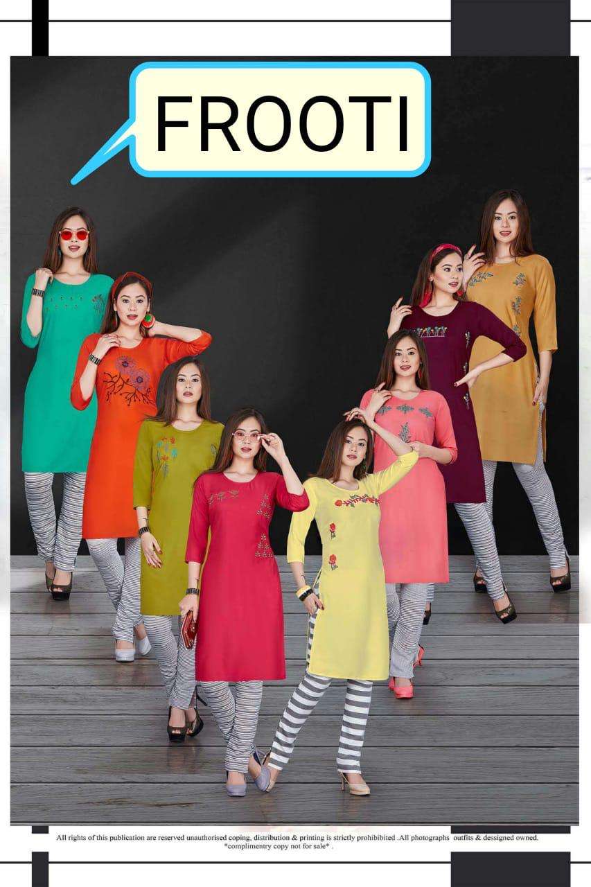 FROOTI BY SHRIYA 7001 TO 7008 SERIES BEAUTIFUL COLORFUL STYLISH FANCY CASUAL WEAR & ETHNIC WEAR & READY TO WEAR  RAYON PRINTED KURTIS AT WHOLESALE PRICE