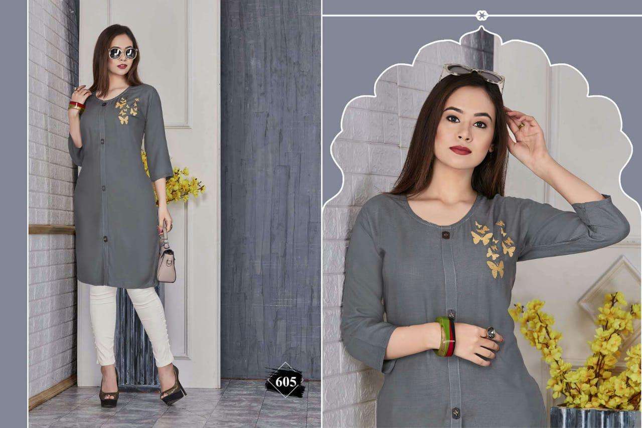 JESSICA BY SHRIYA 601 TO 611 SERIES BEAUTIFUL COLORFUL STYLISH FANCY CASUAL WEAR & ETHNIC WEAR & READY TO WEAR RAYON SLUB PRINTED KURTIS AT WHOLESALE PRICE