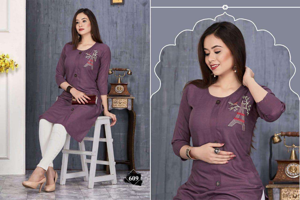 JESSICA BY SHRIYA 601 TO 611 SERIES BEAUTIFUL COLORFUL STYLISH FANCY CASUAL WEAR & ETHNIC WEAR & READY TO WEAR RAYON SLUB PRINTED KURTIS AT WHOLESALE PRICE