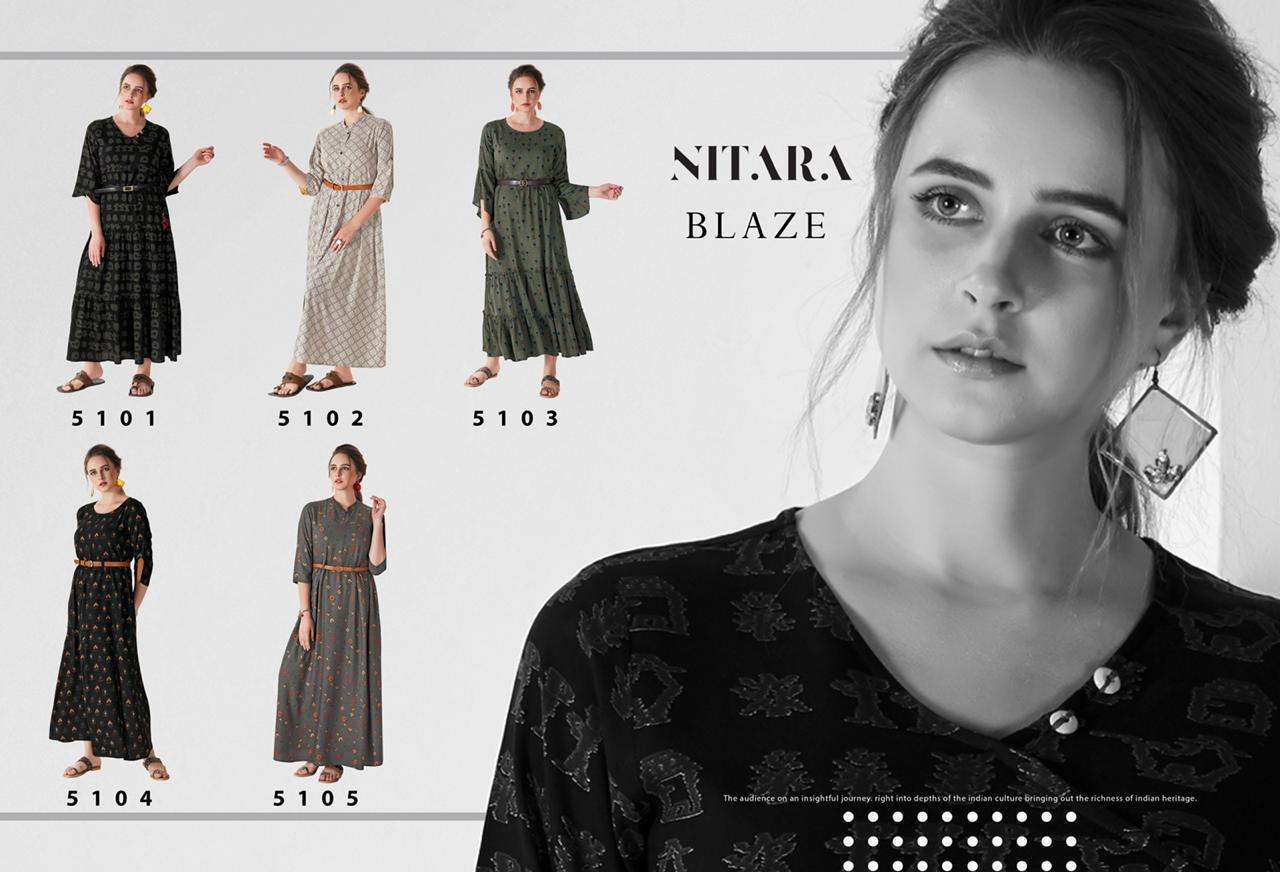 BLAZE BY NITARA 5101 TO 5105 SERIES STYLISH BEAUTIFUL COLORFUL FANCY CASUAL WEAR & ETHNIC WEAR  RAYON 14 KG GOWNS AT WHOLESALE PRICE
