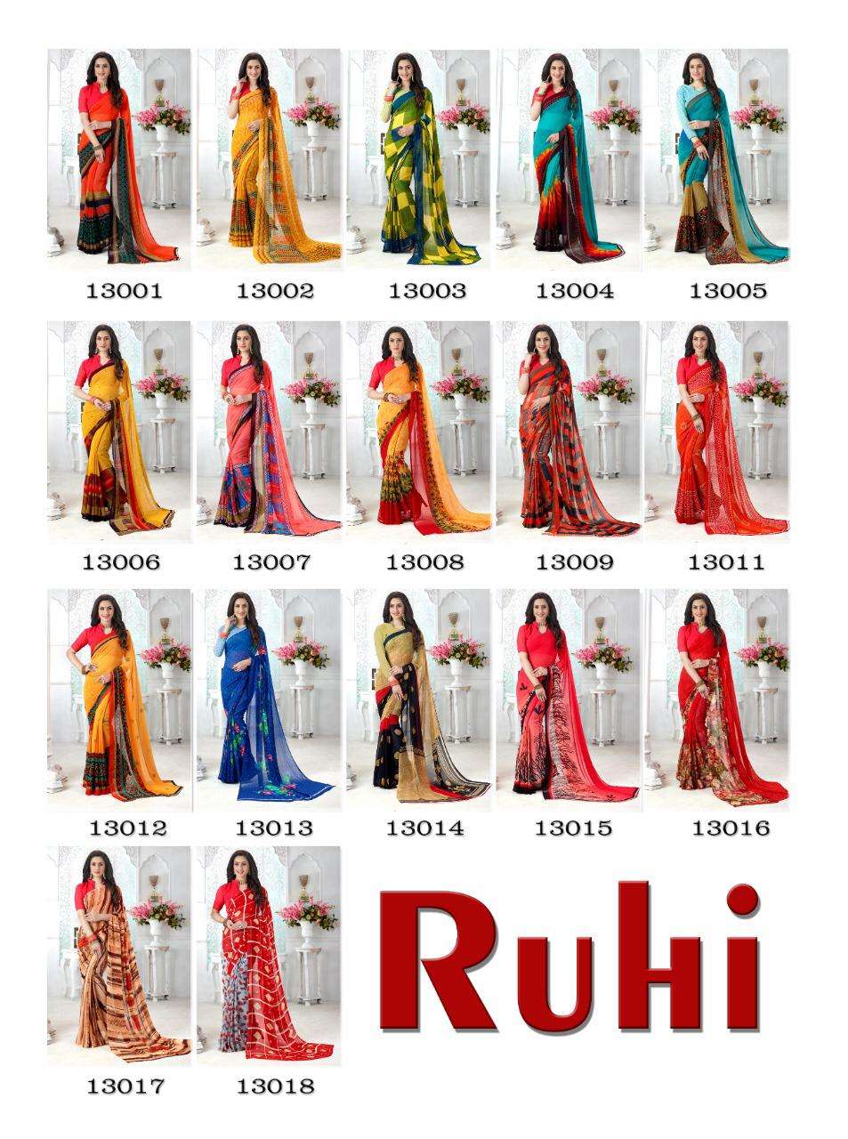 RUHI BY PIHU 13001 TO 13018 SERIES INDIAN TRADITIONAL WEAR COLLECTION BEAUTIFUL STYLISH FANCY COLORFUL PARTY WEAR & OCCASIONAL WEAR KAKKU DIGITAL GEORGETTE SAREES AT WHOLESALE PRICE