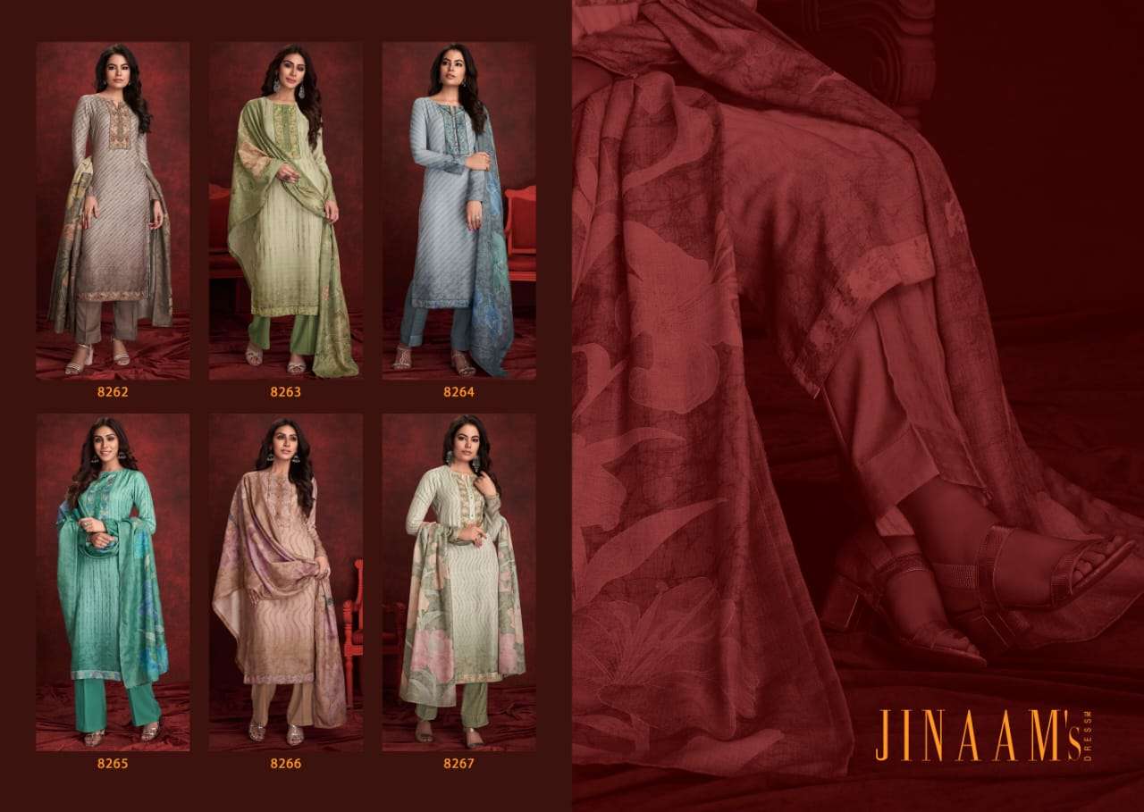 JINAAM NICASIA BY JINAAM DRESSES 8262 TO 8267 SERIES DESIGNER SHARARA SUITS BEAUTIFUL FANCY COLORFUL STYLISH PARTY WEAR & ETHNIC WEAR COTTON SATIN DIGITAL PRINTED DRESSES AT WHOLESALE PRICE