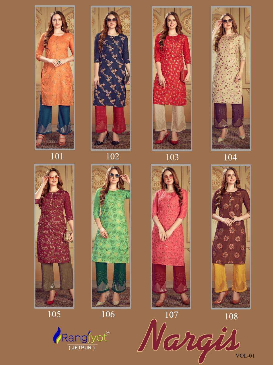 NARGIS BY RANGJYOT FASHION 101 TO 108 SERIES BEAUTIFUL STYLISH COLORFUL FANCY PARTY WEAR & ETHNIC WEAR & READY TO WEAR DOLLA SILK KURTIS AT WHOLESALE PRICE